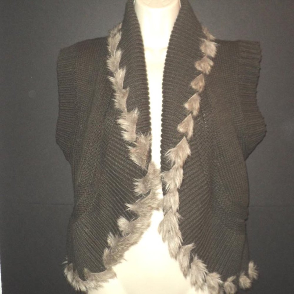 Cache Knit Sweater Vest Women's Size M Brown-Olive Green Faux Fur Trim